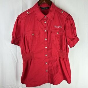 COOGI Vintage Womens Size 2X‎ Rhinestone Logo Belted Shirt in Red Snap Front